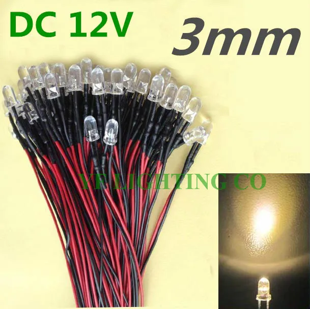 Светодиодный Предварительно проводной светильник теплый белый 100 шт. 3 мм 12 В