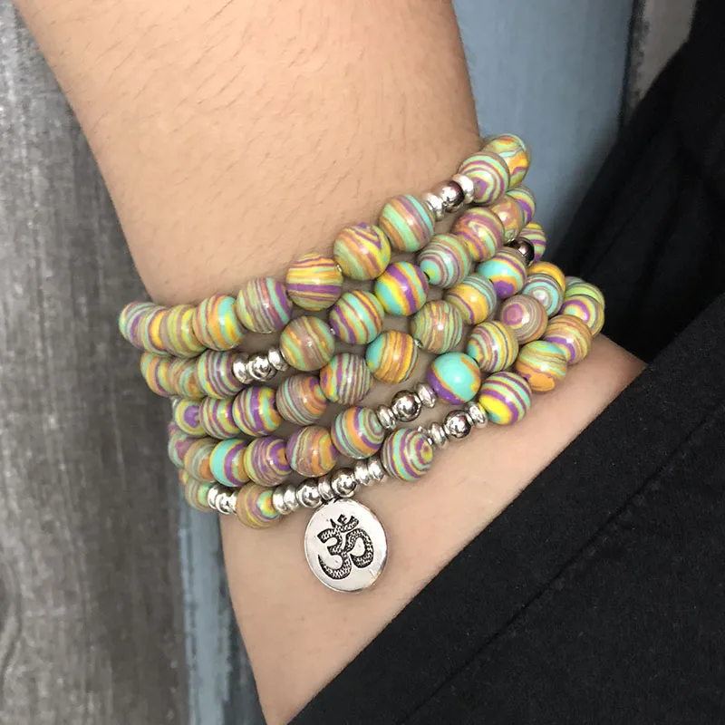 

Популярный браслет с солнечной системой, в полоску, с каменной обмоткой, браслет для йоги, мужской браслет с 108 бусинами мала, желтый малахит,...