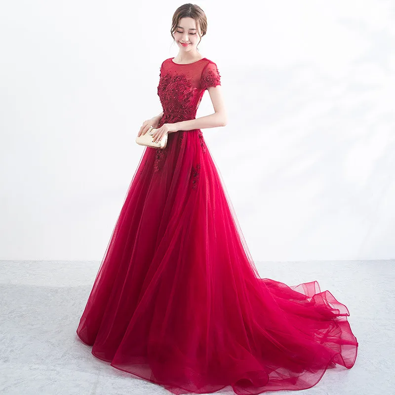 Robe De Soiree Longue 2020 винно красное вечернее платье длинное Тюлевое с аппликацией из