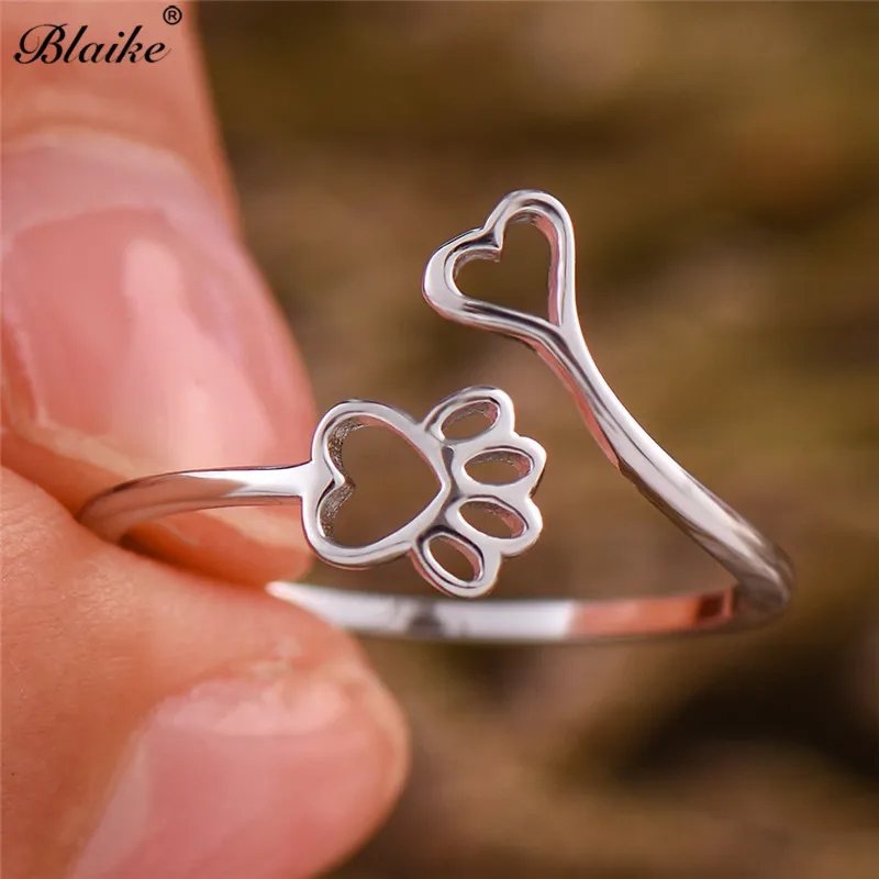Blaike 925 Sterling Silver Ring Cat Bear Dog Paw Rings For Women Minimalist Cute Animal Claws Heart Thin Ring Fine Jewelry