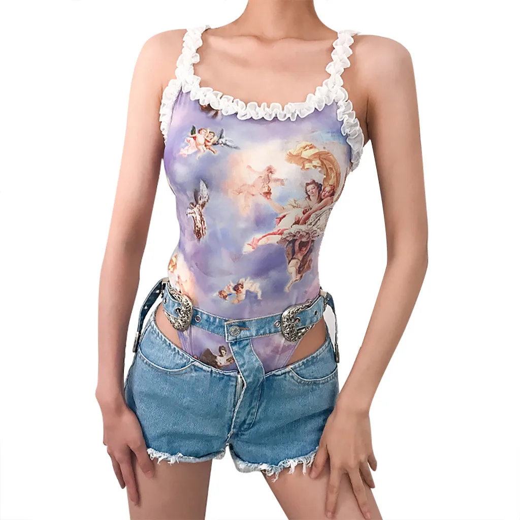 Womail Fashion Для женщин Летнее сексуальное маленькое угол печати на шнуровке комбинезон на бретелях Повседневное, без рукавов, на лямках, боди 16 марта