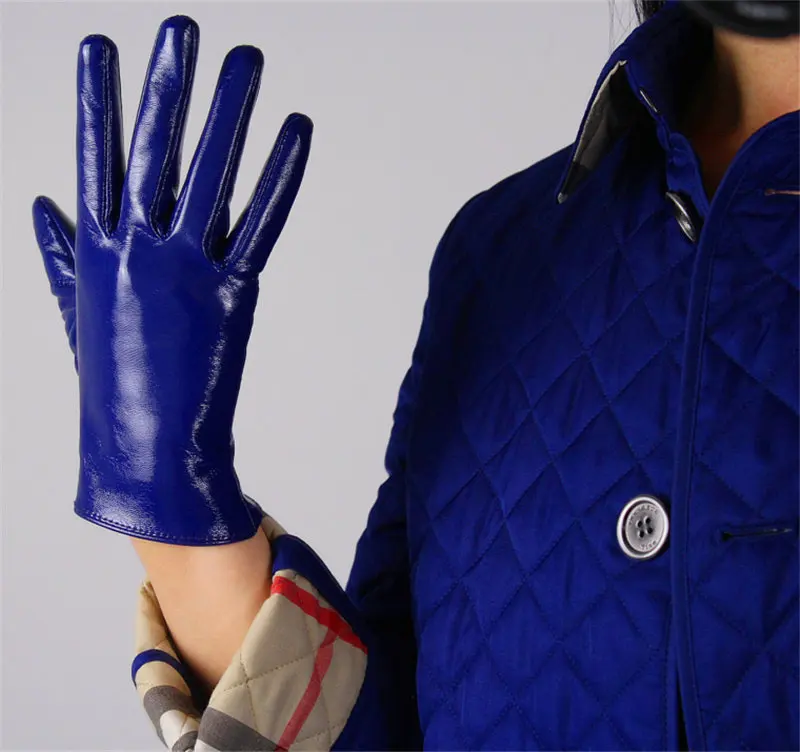 Patent leather blue 21 см, лакированные кожаные перчатки, Короткая секция, имитирующая кожу, зеркальные, яркие, винно-красные, темно-красные, фиолетовые, красные, женские, WPU90 - Цвет: Patent leather blue