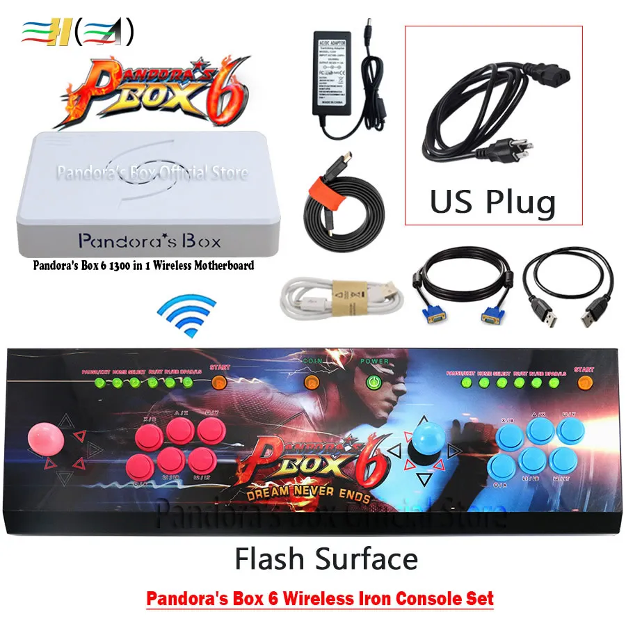 Flash US plug 3а оригинальная игра Pandora's Box 6 1300 в 1 беспроводной аркадный джойстик 2 игрока железная консоль Комплект HDMI VGA usb для ПК ТВ ps3 Tekken - Цвет: Flash US plug