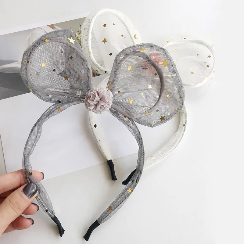 

Fashion Sequins Stars Tulle Bow Headband Cute Mesh Lace Rabbit Ears Tiara Hair Accessories Child Girls Hairbands