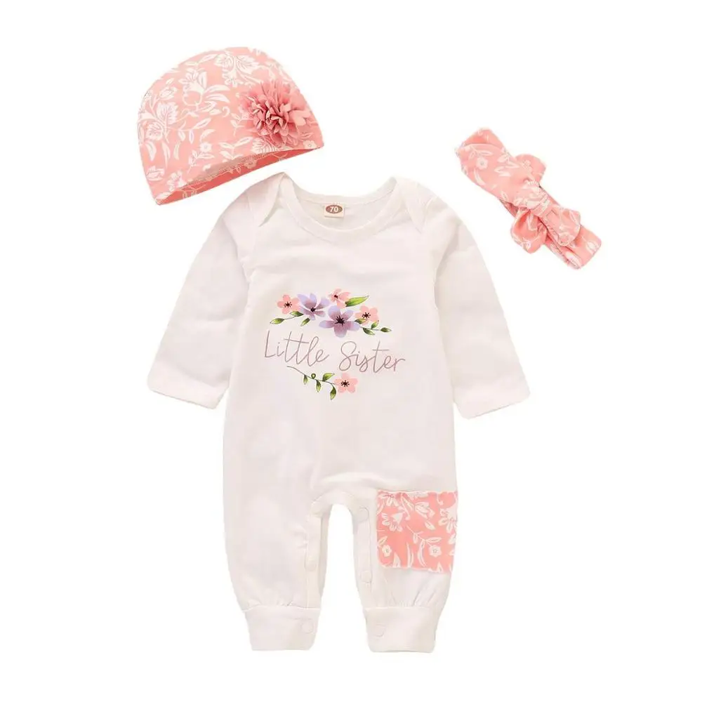 Белый Oklady/Одежда для маленьких девочек; комплект одежды для новорожденных с принтом «маленькая сестра»; комбинезон с длинными рукавами+ шапочка+ повязка на голову; комплект из 3 предметов - Цвет: Белый