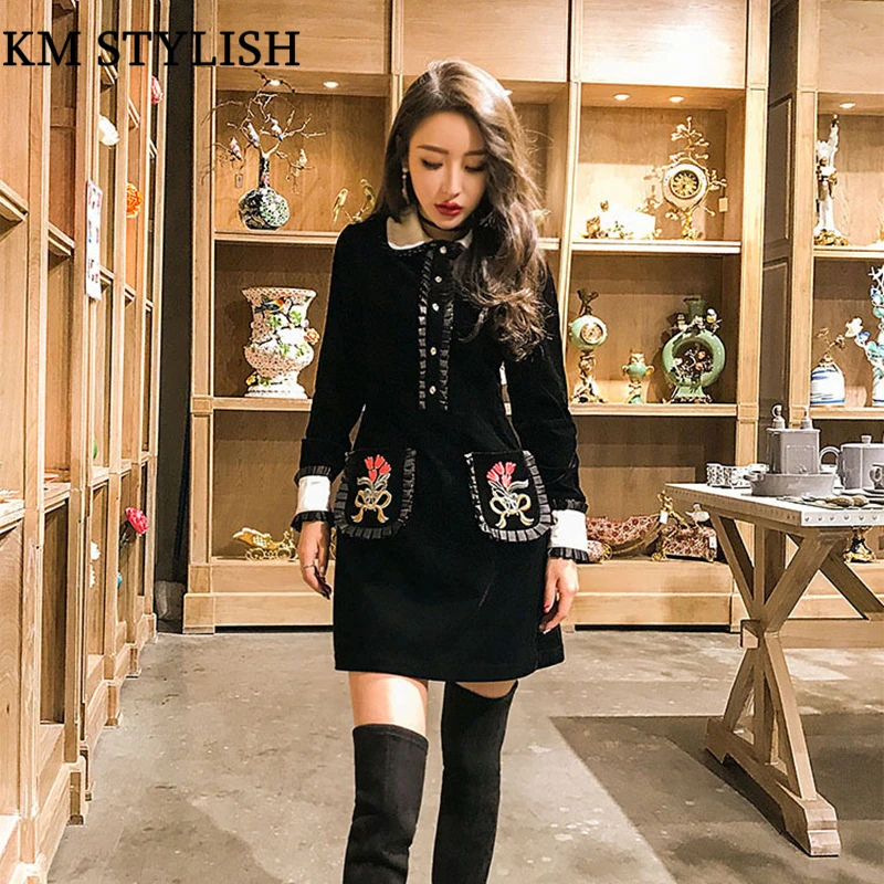 Зимнее новое платье трапециевидной формы с длинными рукавами воротником Питер