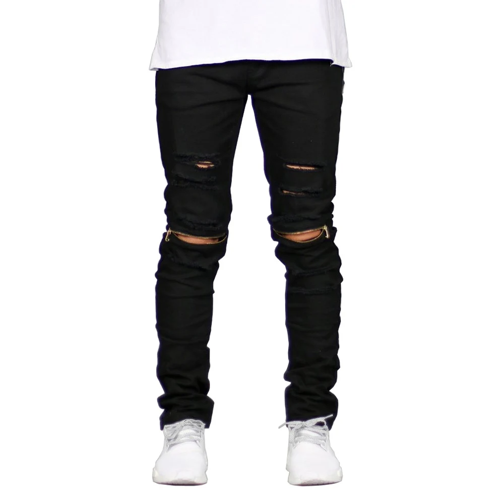 2017 Для мужчин обтягивающие джинсы стрейч Ripped destroyed колена Застёжки молнии хип хоп
