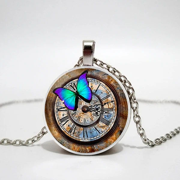 

Glass Photo Cabochon Necklace Steampunk Clock Necklace Glass Dome Pendant Handcrafted Jewelry Butterfly Pattern