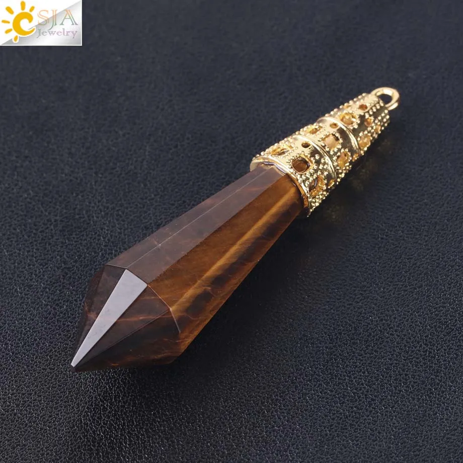 Tiger Eye Gold CSJA Новое поступление ювелирные изделия золотого цвета Ограненный Природный камень Маятник Шестигранная подвеска Кристалл кварц кулон для ожерелья F401 - Окраска металла: Tiger Eye Gold