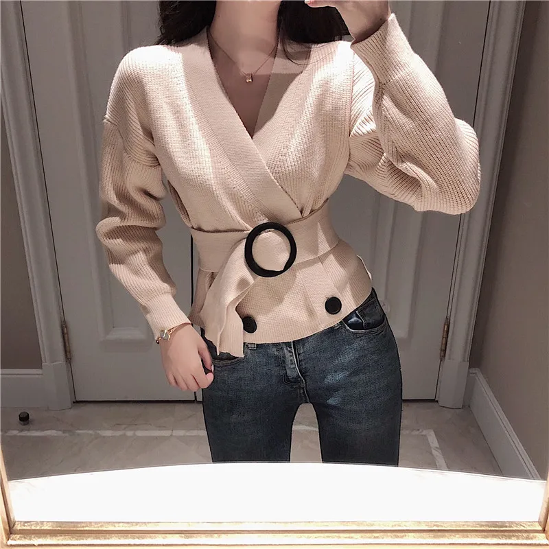 Elegant Sashes Slim Waist Sweater Cardigan Women V-neck Double Breasted Knitted Open Stitch Casual Jumper Autumn 2018 |
