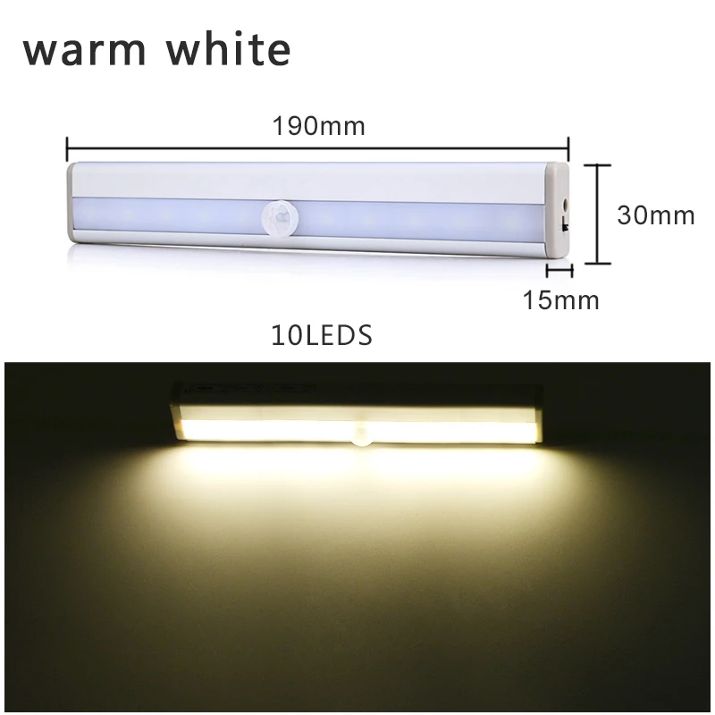 Warm White 10leds Светодиодная подсветка под шкаф PIR датчик движения лампа 6/10 светодиодный s 98/190 мм шкаф лампа для шкафа шкаф Armario кухонный ночной Светильник - Цвет: Warm White 10leds