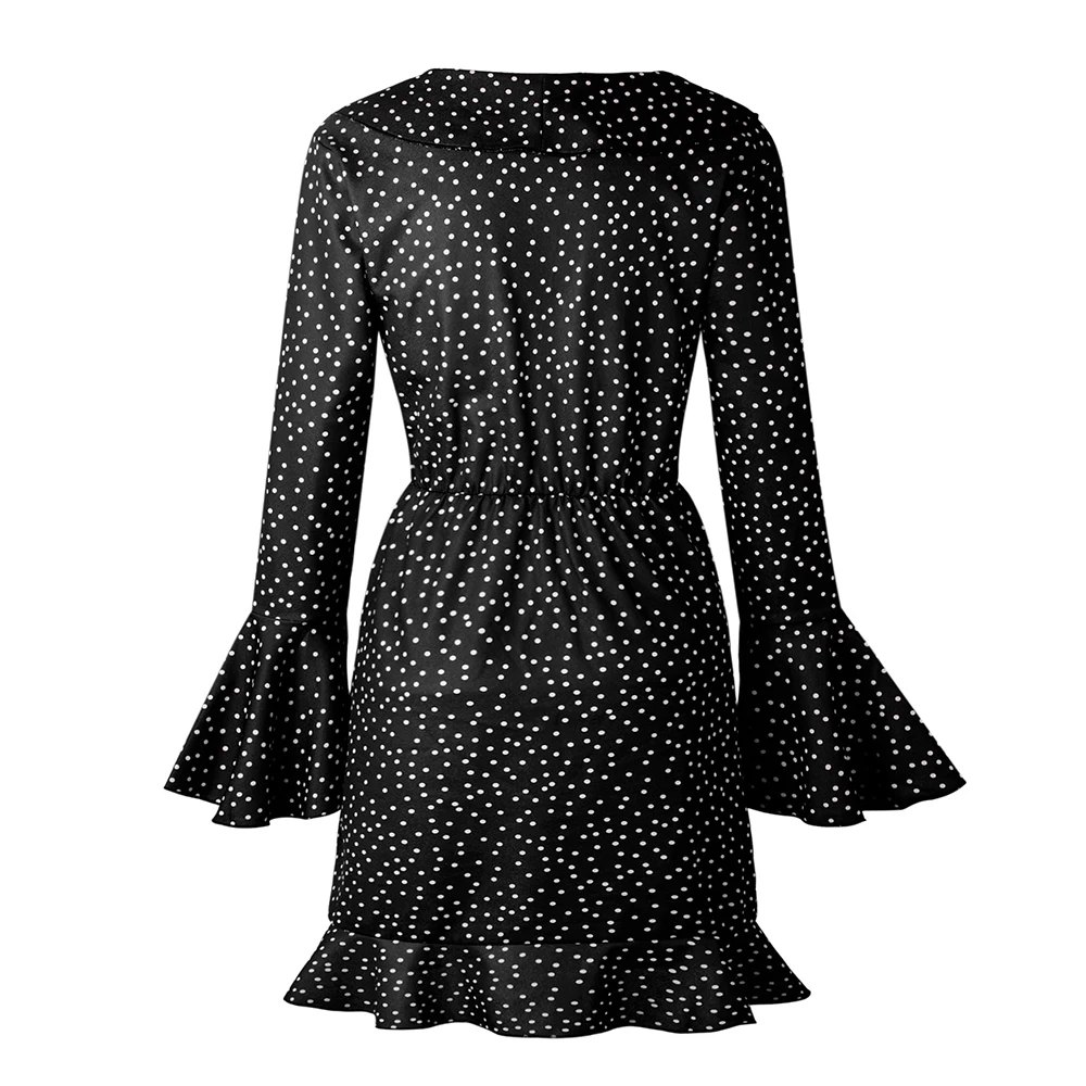 Dot Print Summer Dress Women Long Flare Sleeve Deep V-Neck Sexy Mini Ruffles Chiffon Short Boho Beach Vestidos Plus Size | Женская