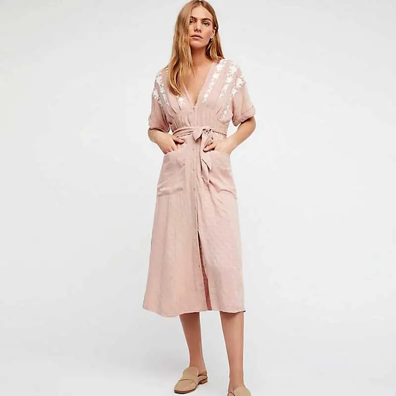 Богемный Вдохновленный с цветочной вышивкой хлопковые летние платья пуговицы