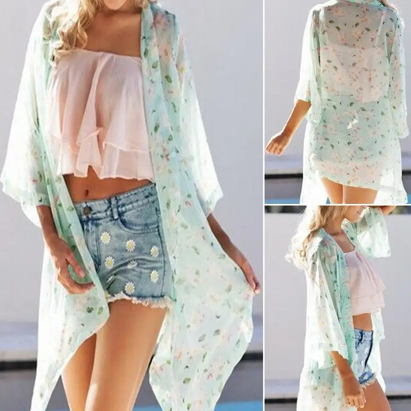 Для женщин Летний пляж цветочные Cover Up кардиган шифоновая рубашка с рукавами 3/4