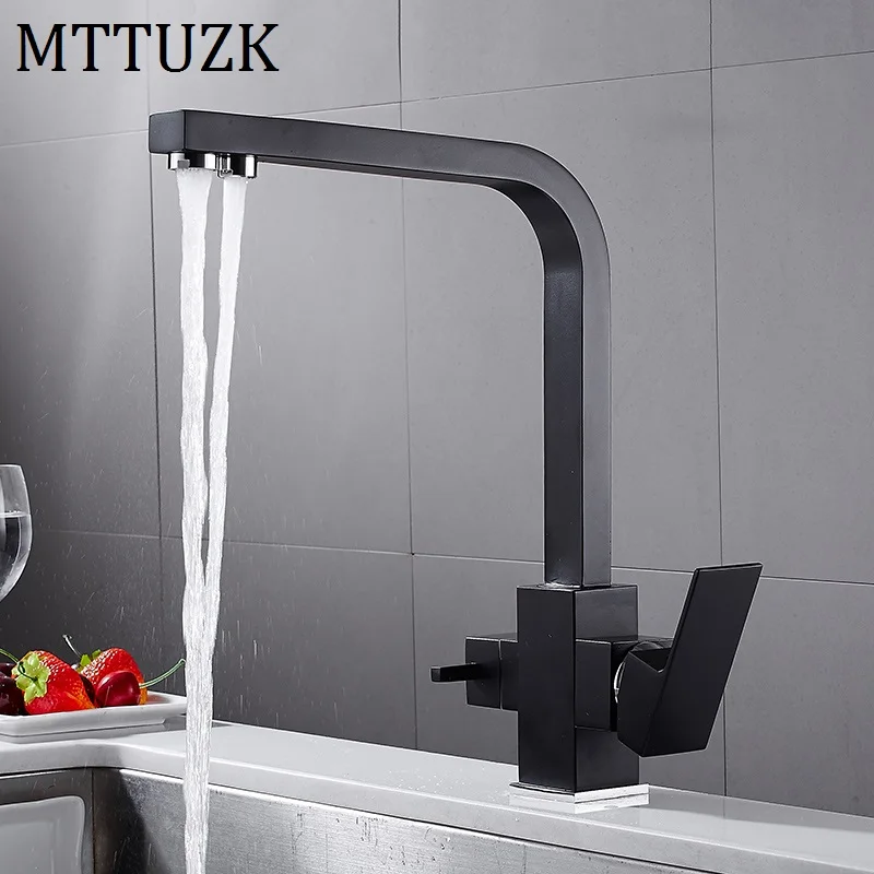 MTTUZK, квадратный хромированный латунный кухонный смеситель, смеситель для раковины, кран для холодной и горячей кухни, Современная питьевая вода, 3 способа фильтрации, смеситель