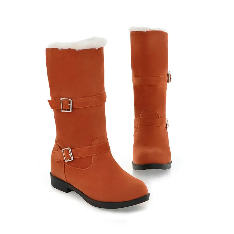 Оранжевый QUTAA Scrub Fashion Round Toe Casual Mid Calf Boots Buckle Comfort Low Heel Winter Warm Fur Orange Women Shoes Size 34-40 - Цвет: Оранжевый
