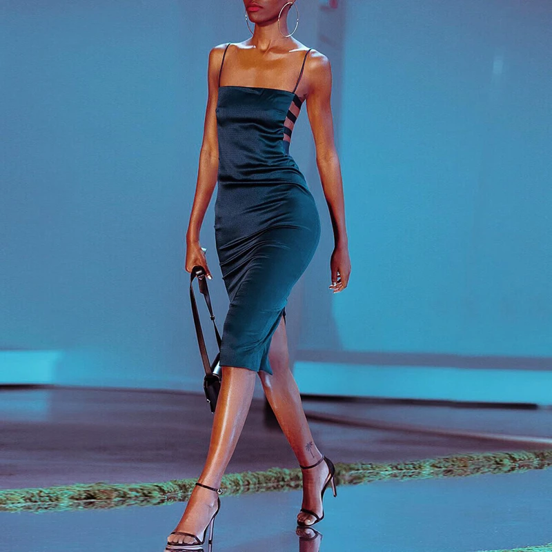 2019 новые модные синие женское платье Лето Спагетти ремень Bodycon Midi выдалбливают