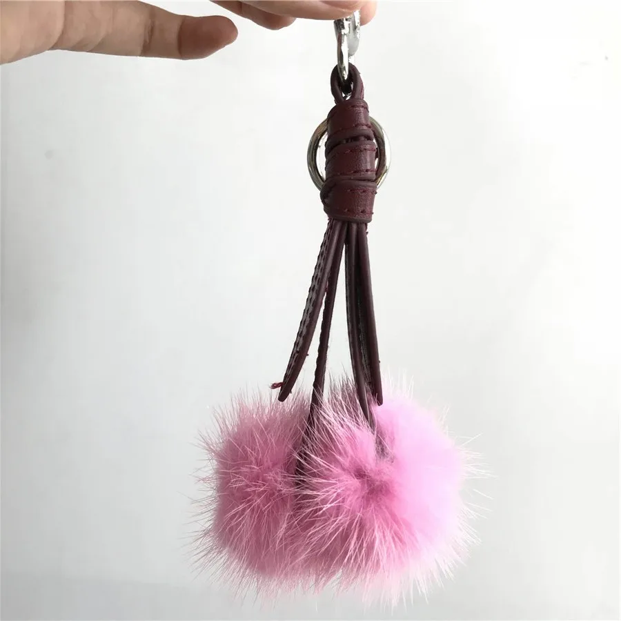Pink Magicfur-1 шт. реального норки милый маленький вишневый мяч Pom pom PU ремень сумки Шарм брелок автомобильный телефон кулон, кольцо для ключей - Цвет: Pink