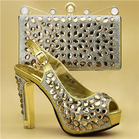 New Italian Designer Shoes and Bags Matching Set Decorated with Rhinestone Ladies Shoes and Bag Set for Party in Women - Цвет: Золотой