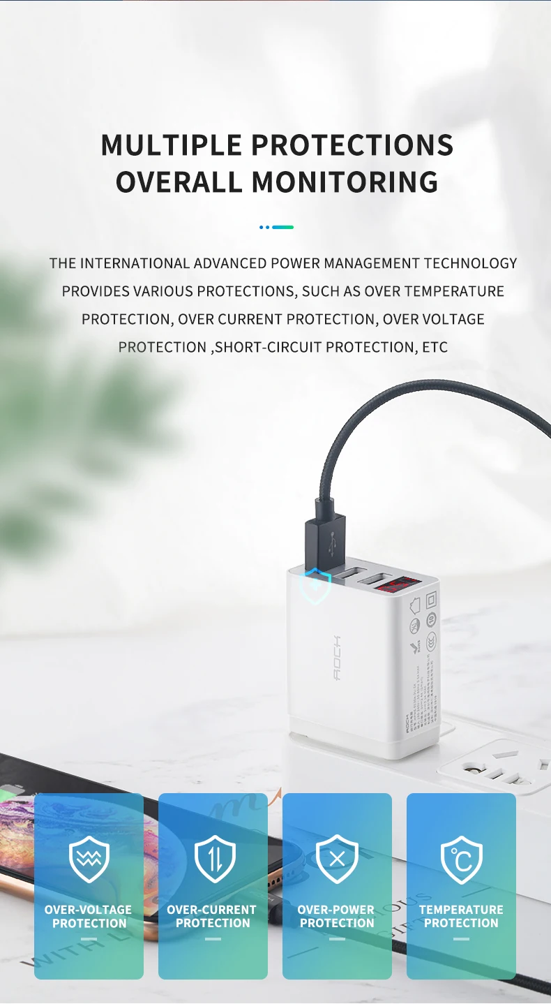 ROCK 3 Port USB Phone Charger LED Display EU Plug Total Max 3.4A Smart Fast Charger Mobile Wall Charger for iPhone iPad Samsung