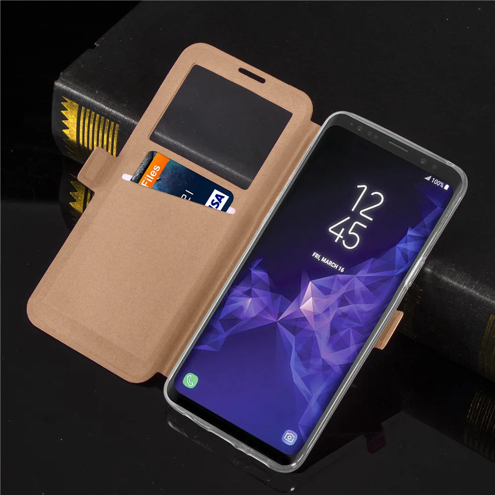 Окно бумажник чехол для Galaxy S9 флип-чехол из искусственной кожи защитный чехол крышка тонкий в виде книжки с подставкой с рисунком чехол для samsung Galaxy S9 плюс Чехол без искажения