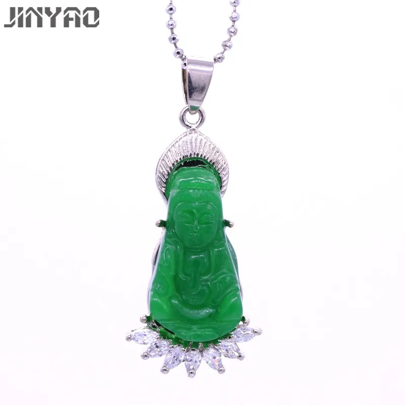 JINYAO модные подвески Guanyin Будда зеленый камень белый золотой цвет кулон ожерелье