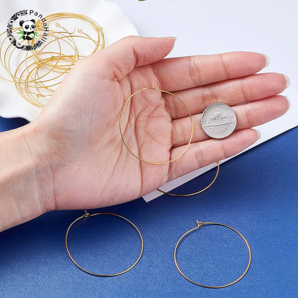 PANDAHALL 20Pcs Jewelry Findings Golden Plated Brass Earring Hoops Wine Glass Charm Rings about 45mm inner diameter, 0.8mm thick