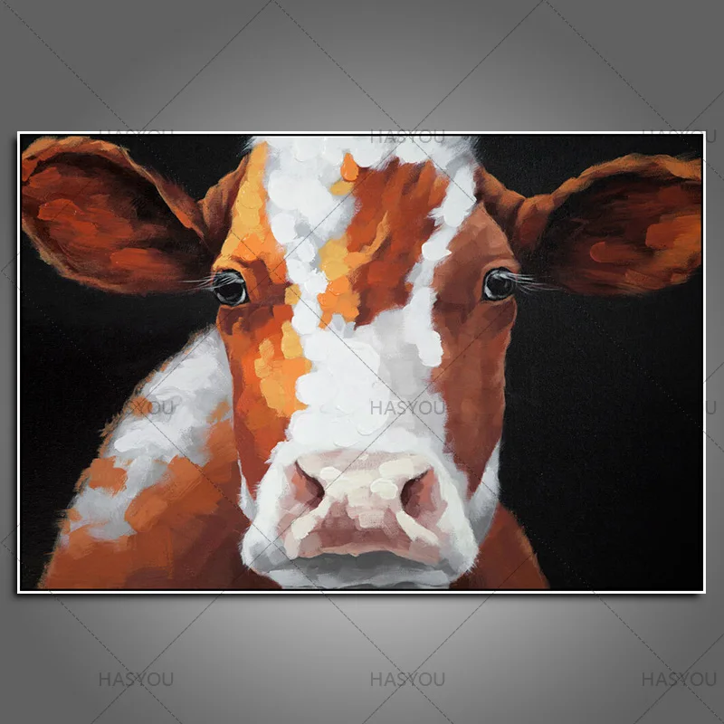 Hand Painted Modern Animal Oil Painting On Canvas cow Cartoon oil painting Wall Art wall decor For Living Room restaurant cafe | Дом и сад