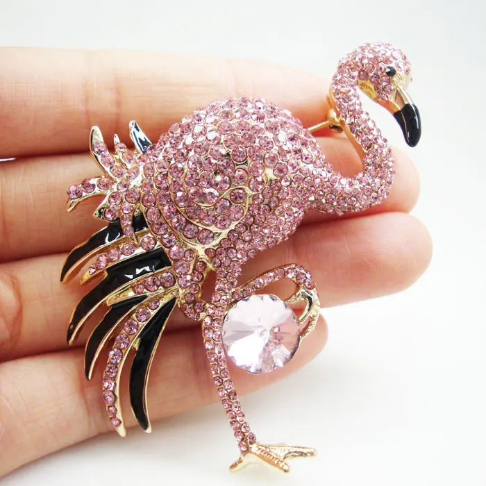 Pretty Austrians Crystal Flamingo Bird Gold Tone Brooch Pin Pink Accessories
