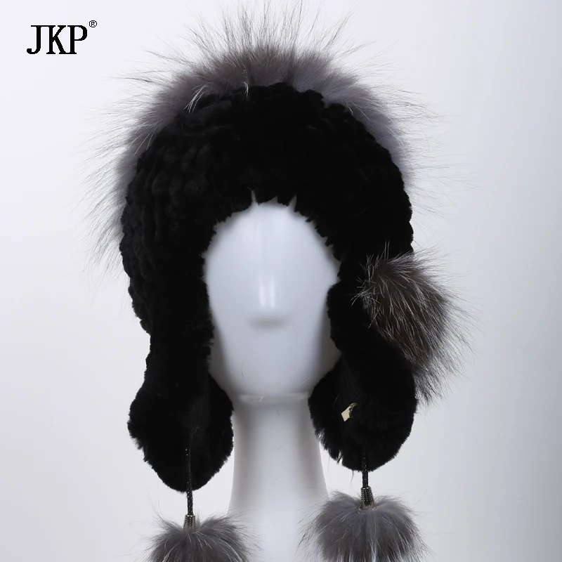 

Winter Women rex rabbit fur hat ear cap knitted hat fox fur pom pom fur hats