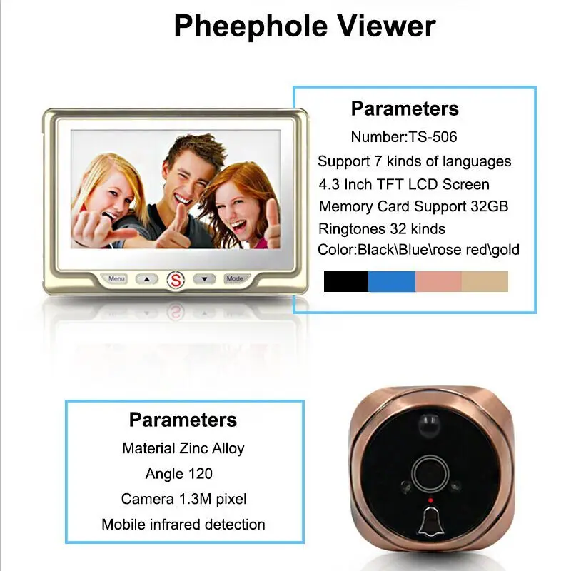 

Saful 4.3"TFT-LCD Digital video door viewer with Multi-languages recordable peephole with one wireless doorbell Home Sercurity
