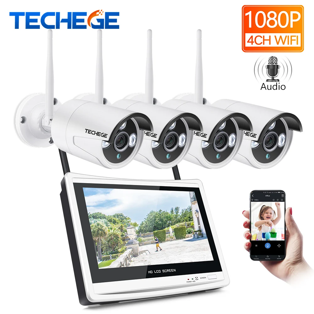 Techege 4CH 1080 P беспроводные наборы NVR 12 дюймов ЖК дисплей Дисплей 2MP HD открытый звук