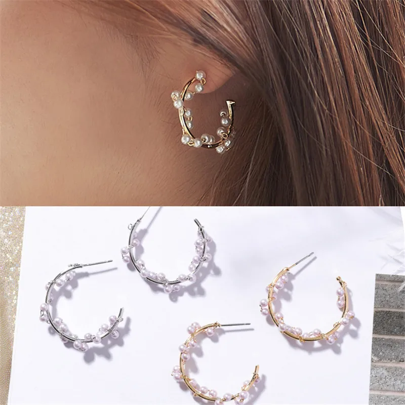 Женские серьги подвески с жемчугом большие металлические круглые