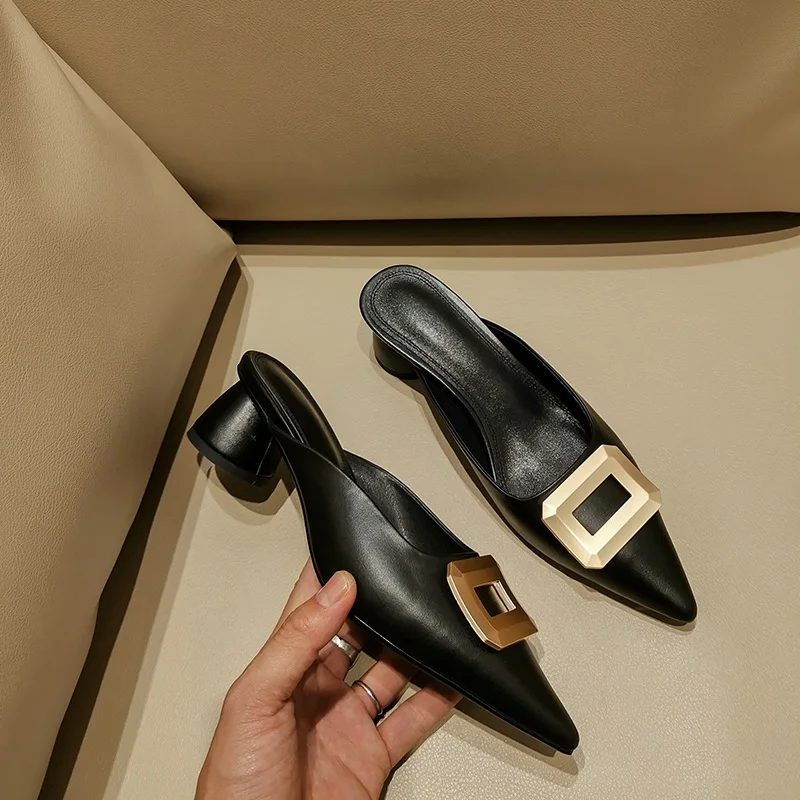 

ZVQ Shoes Woman2019 Summer New Fashion Sexy Pointed Toe Handmade Genuine Leather Woman Slippers Outside Mid Heels Ladies Shoes