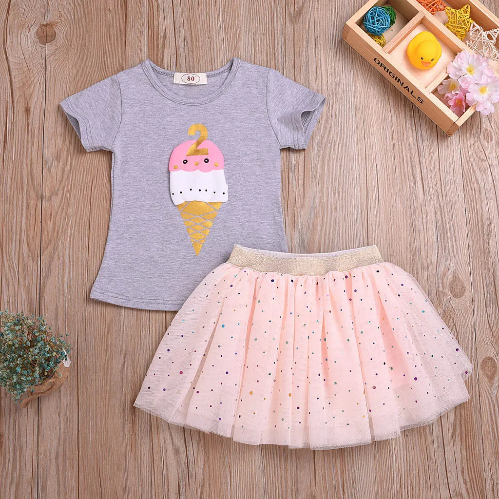 Летнее платье фатиновые топы для девочек с рисунком мороженого, meisjes kleding, футболка+ юбка-пачка в горошек, комплект одежды, vestido infantil ensemble fille