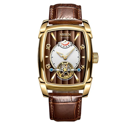 Автоматические механические часы Nesun Tourbillion, часы со скелетом, мужские роскошные Брендовые мужские часы, водонепроницаемые, relogio masculino N9039-3 - Цвет: Gold