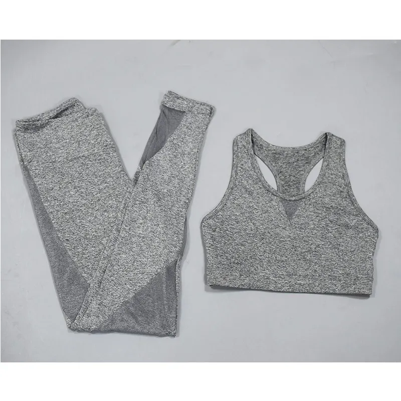 Gray Set Спортивный костюм для женщин, сетчатый лоскутный спортивный костюм, комплекты для йоги, без рукавов, одежда для тренировок, для спортзала, трико для бега, спортивные Леггинсы - Цвет: Gray Set