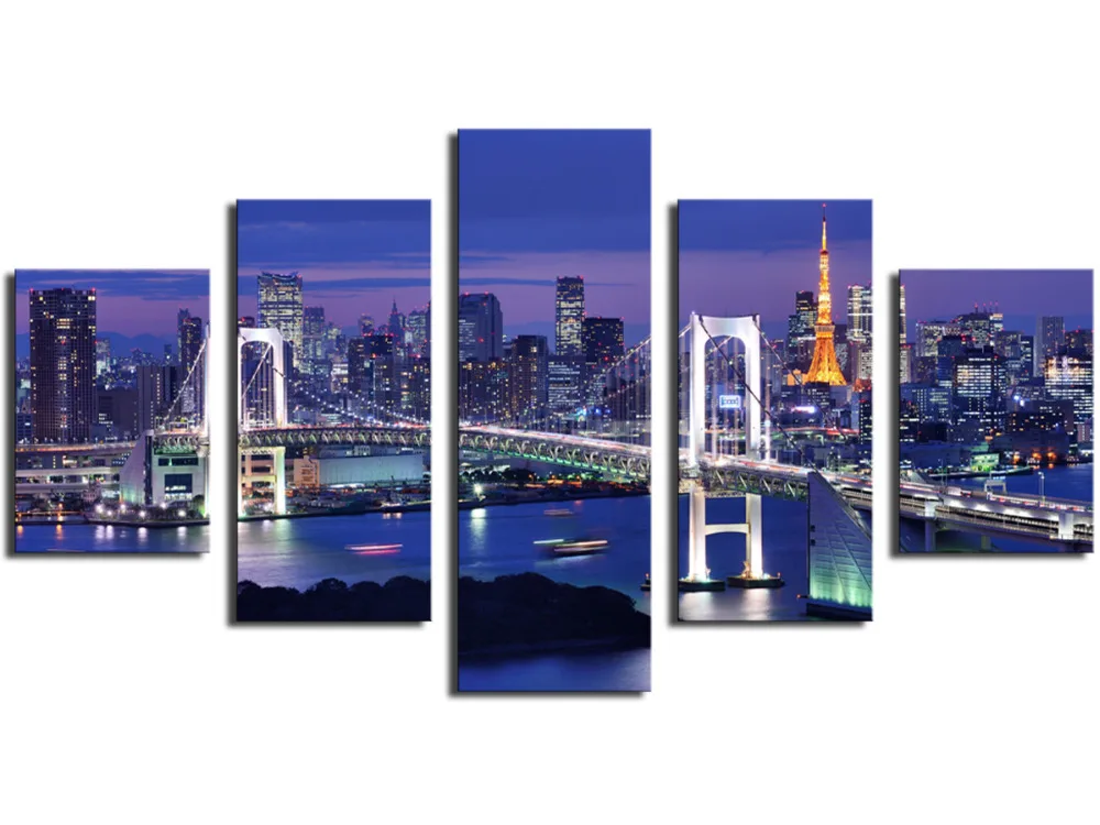 Набор из 5 панелей картина с изображением ночного и моста на холсте без рамы 2017