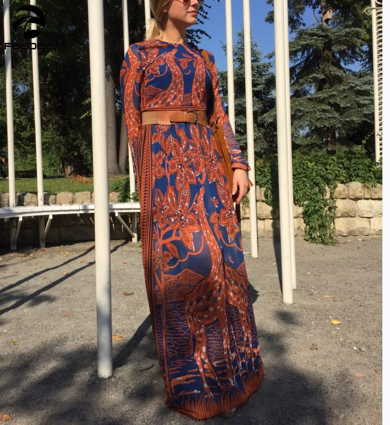 Женское длинное платье FOLOBE шифоновое с длинным рукавом и принтом на лето весну