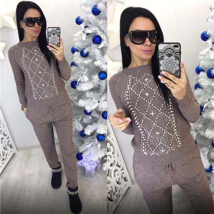 2020 Hot Sale Real Full Beading O-neck Drawstring Autumn Sweater Knit Suit Fashion Beaded Round Neck Trousers Two-piece Woman