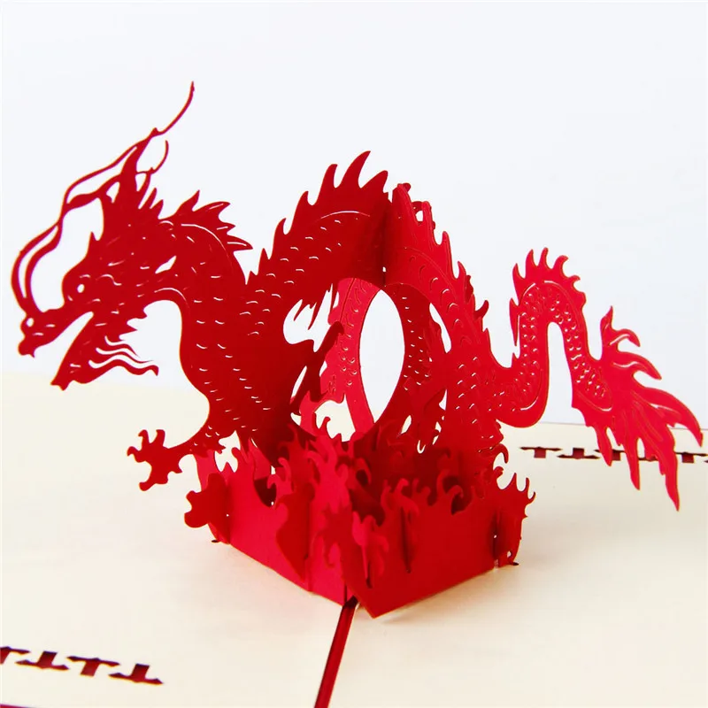 Китайский год красный 3D Дракон всплывающие поздравительные открытки лазерная резка конверт открытка полые резные Киригами ручной работы подарки 6A0681