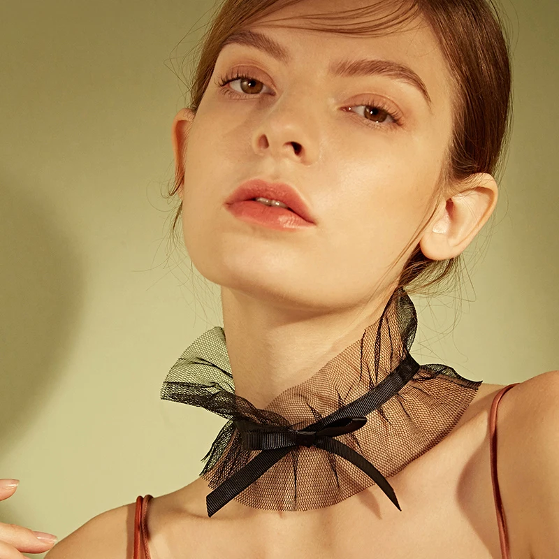 SRCOI Trendy Black White Bow Knot Lace Choker Women Sexy Exaggeration Wide Hollow Gothic Chokers Necklaces For Jewelry | Украшения и