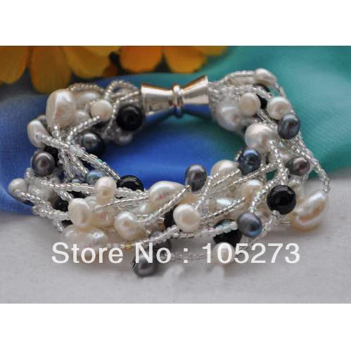 

Wholesale Pearl Jewelry 10 Strands 8'' Gray White Baroque Freshwater Pearl Black Agate Beads Bracelet 4-10m Magnet Clasp