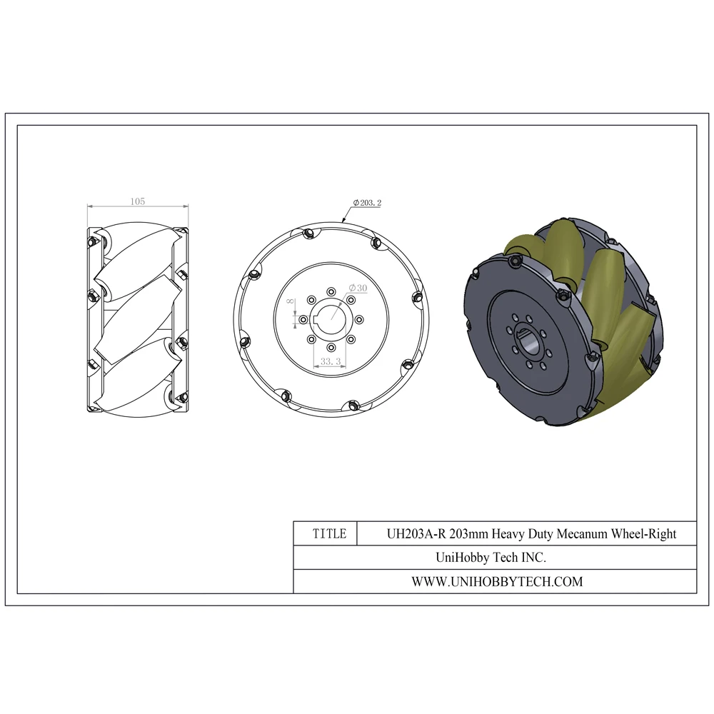 UniHobby Mecanum колеса 8 дюймов (203 мм) UH203A тяжёлые промышленные с PU ролик Максимальная