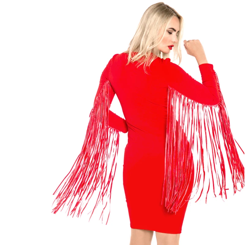 INDRESSME Красное Облегающее платье средней длины с длинным рукавом бахромой и