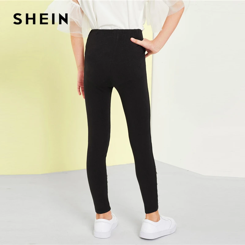 SHEIN/Черные Эластичные зауженные повседневные брюки с высокой талией и жемчужинами для девочек; леггинсы для девочек; коллекция года; сезон весна; модные милые узкие брюки для детей