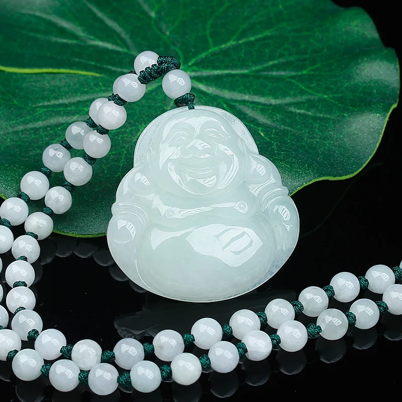 Jadeite Jade Buddha Pendant of Maitreya Buddha female ice waxy kind Buddha smiling Buddha Gem Necklace +Pendant