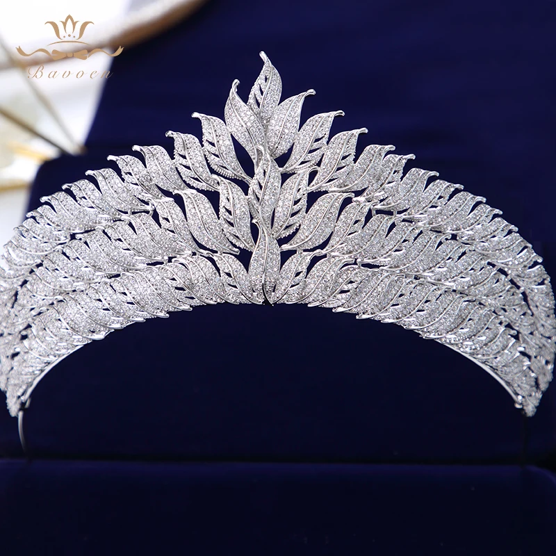 

Bavoen Royal Princess Leaves Cubic Zircon Tiaras Crowns CZ Diadema Bridal Coroa Wedding Hair Accessories