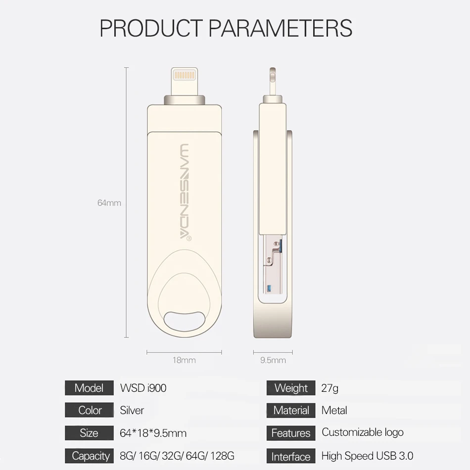 WANSENDA usb 3 0 USB флеш накопитель OTG для iPhone/Android/PC 16 ГБ 32 64 128 диск в 1 высокоскоростной