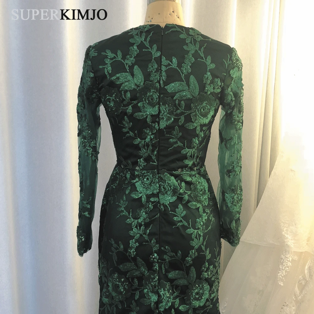 

SuperKimJo Detachable Skirt Evening Dresses Long Sleeve 2020 Sequin Applique Dark Green Evening Gown Arabic Robe De Soiree